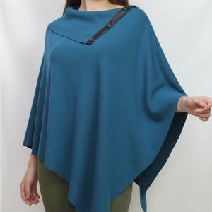 Chico’s Teal Blue Asymmetrical Knit Poncho with Faux Leather Trim- Size XXS/XS